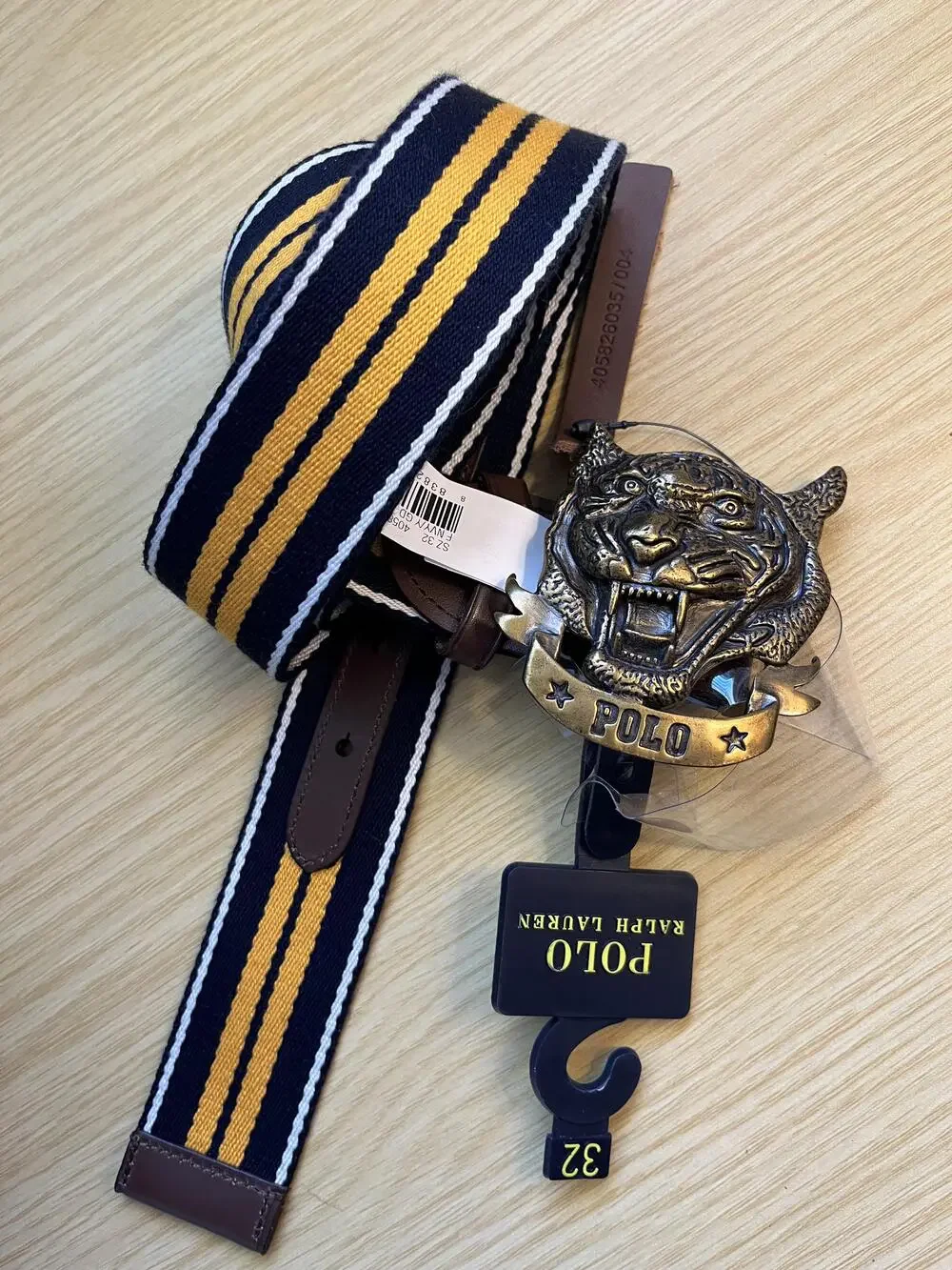 NWT Polo Ralph Lauren Tiger Webbed Belt Mens 32 Blue Gold Tone Striped Buckle